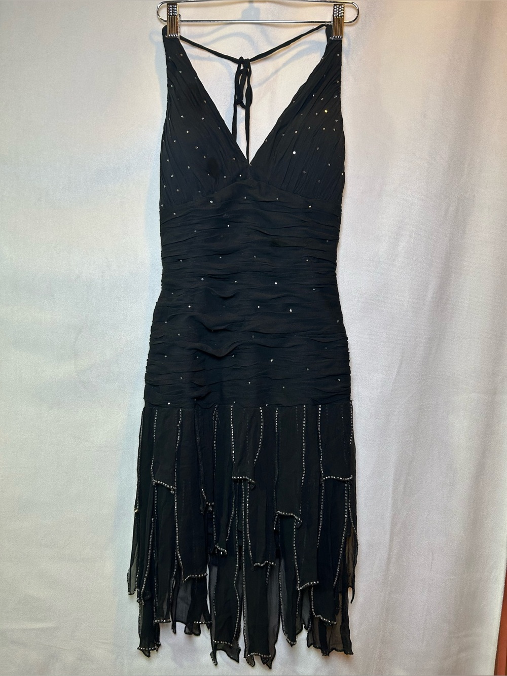 Chicas Y2K Black Sequin Beaded Halter Dress Shredded Hem Whimsigoth Fairy Grunge